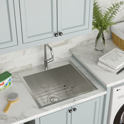 Lavabo pour salle de bain à cuve simple en acier inoxydable de calibre 18 avec grille d'évier L 22 po x l 22 po