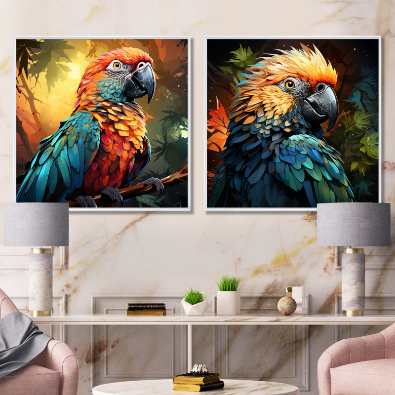 «Orange and Blue Jungle Parrot Paradise I», ensemble de 2 reproductions d'art mural, Cadre flottant blanc