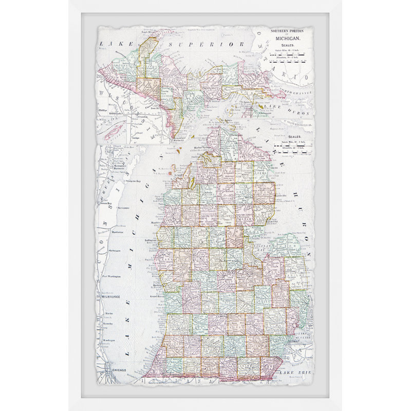 Northern Michigan Map - Reproduction d'art textuel sur papier encadré, H 12 po x l 8 po x P 1,5 po