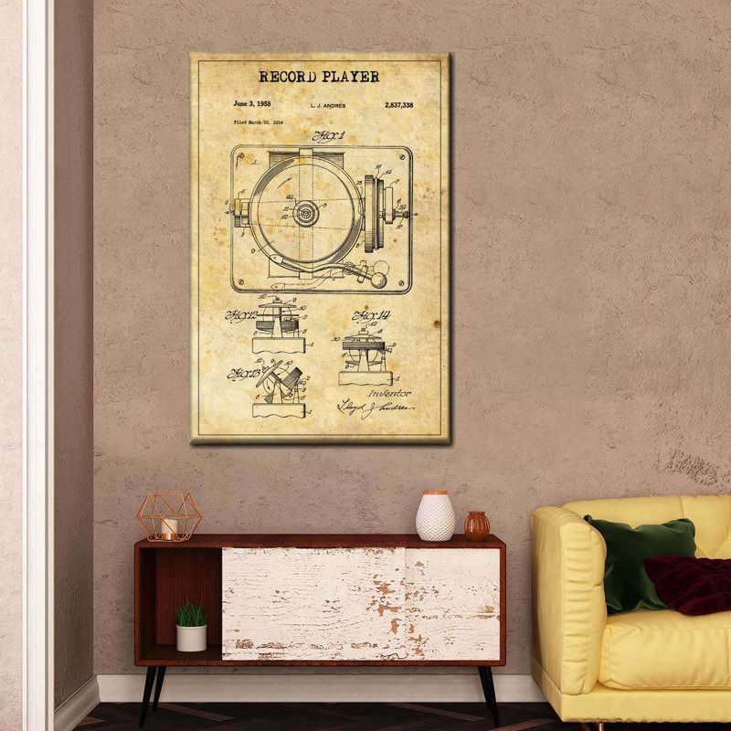 Disque tourne-disque brevet sur toile, H 48 po x l 32 po x P 1,25 po