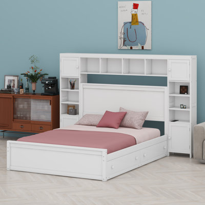 Queen Size Wooden Bed With All-In-One Cabinet, Shelf And Sockets