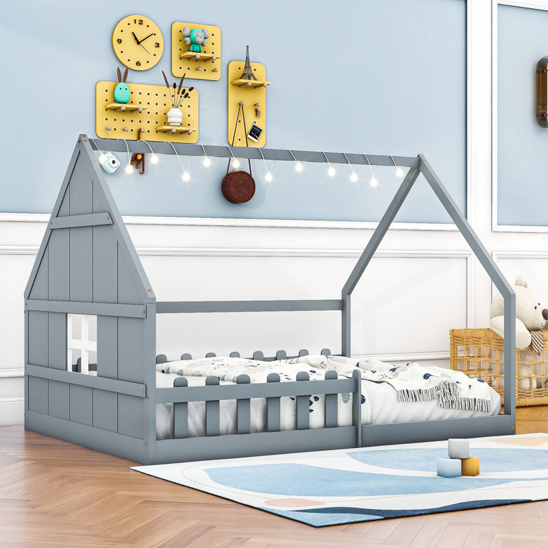 Lit double en bois, gris