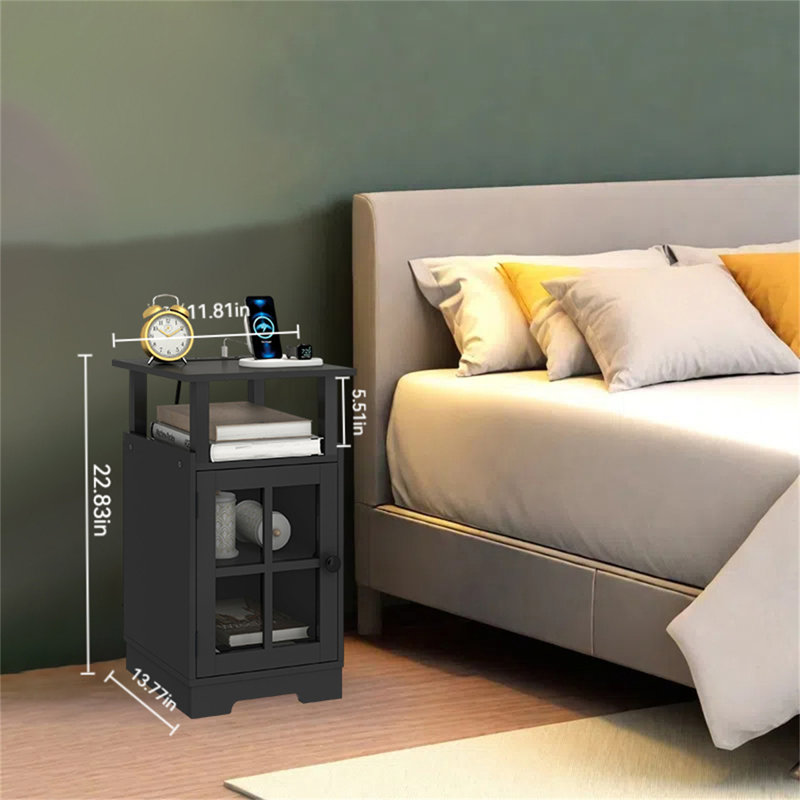 Multi-Functional Bedside Table With Charging Station & Storage, Black