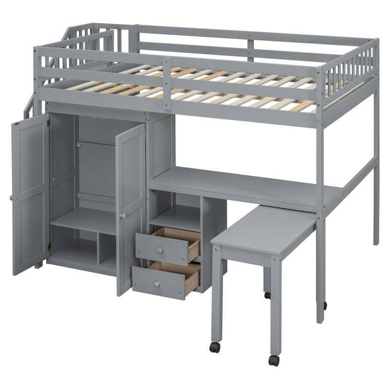 Lit mezzanine avec escalier, bibliothèque, tiroirs, bureau et garde-robe, gris, Complète