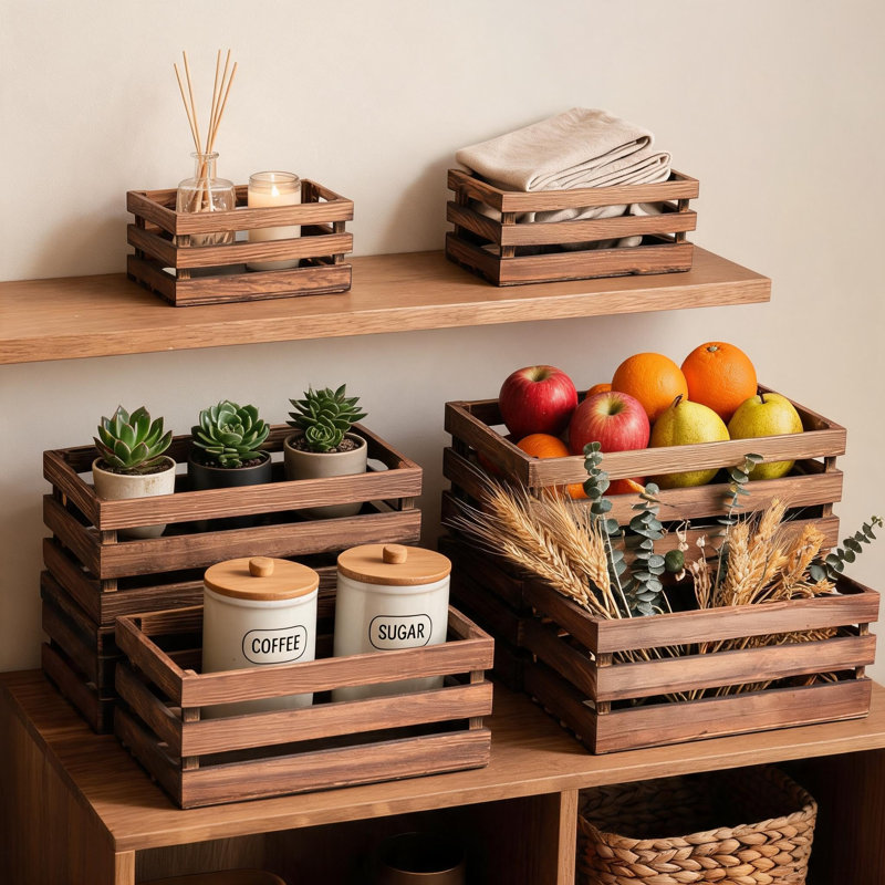 Set of 6 Rustic Wooden Storage Baskets – Stackable Pine Wood Crates with Handles – Farmhouse Style for Home, Garden, or Balcony – Nesting and Display Boxes – Torched Finish