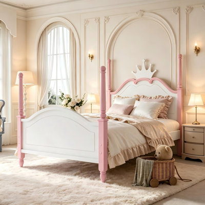 Lit plateforme deux places, cadre de lit en bois à baldaquin avec tête de lit incurvée en forme de couronne, support à lattes robuste, aucun sommier requis, rose et blanc, lit élégant pour filles, enfants, chambre d'amis, chambre à coucher.