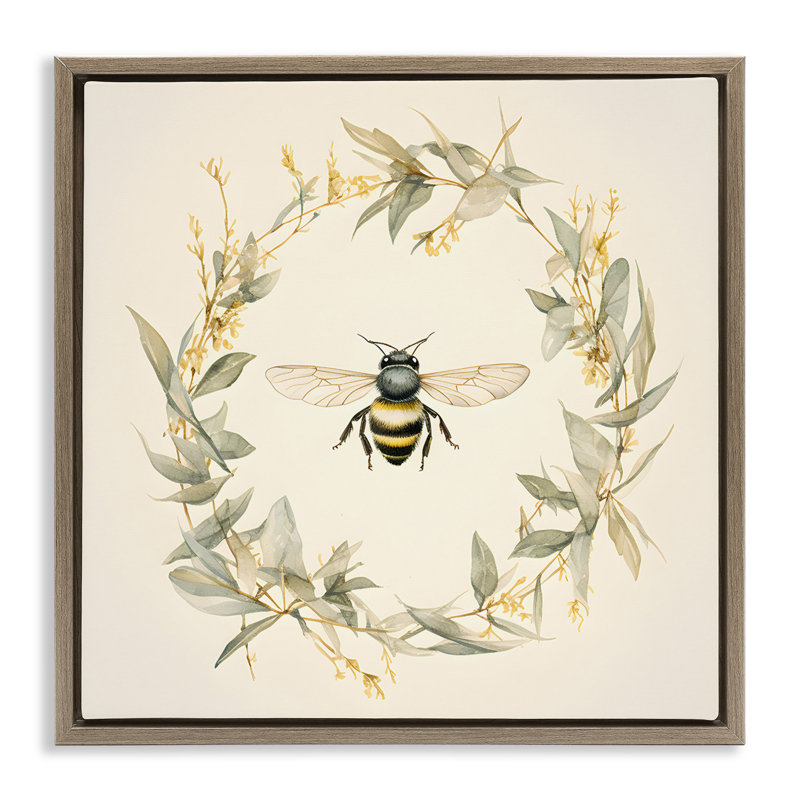 «Soft Bee Wreath», art mural encadré flottant par Petal Prints Design, Cadre flottant orme Montalcino, H 25 po x l 25 po