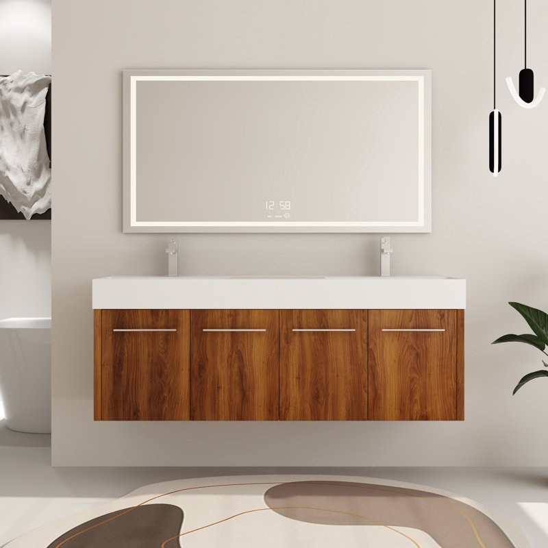 60" Bathroom Vanity with Sink, 60 Inch Floating Vanity, Double Sink Wall Mounted Vanity Combo, Modern Bathroom Vanity Set with 4 Doors and Resin Basin Sink