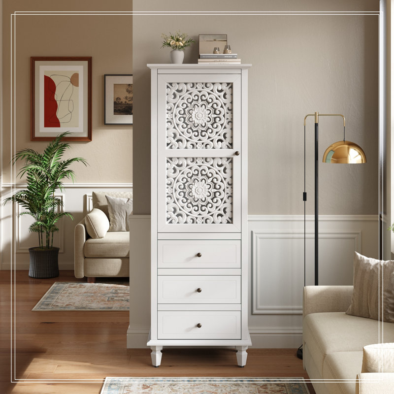 Meuble avec porte sculptée et 3 tiroirs, Blanc