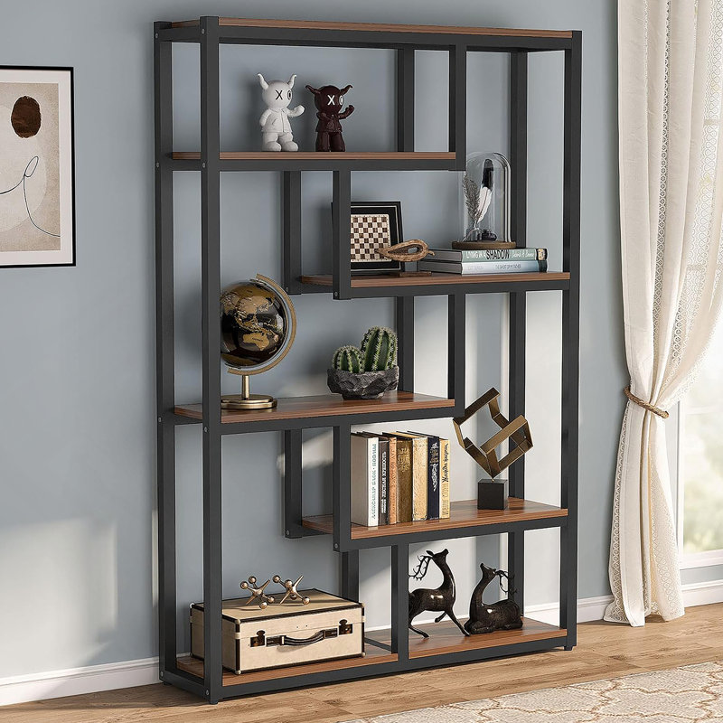 6-Tier Industrial Etagere Bookcase With Asymmetrical Open Shelves For Stylish And Functional Vertical Storage.