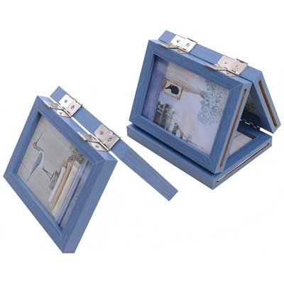 Collage Picture Photo Frames,Triple Hinged 3 Desk Picture Frame, Wooden Desk Tabletop Family Photo Frame With Glass Opening,(Blue/3.5X5)
