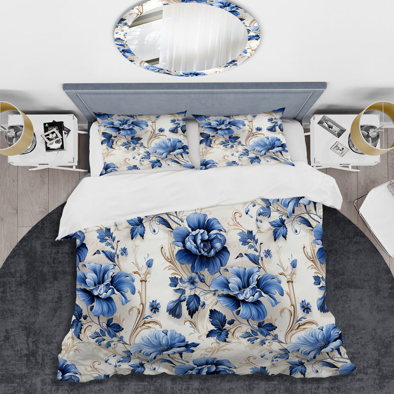 Ensemble de housse de couette motif ornemental bleu à motif victorien VII, Housse de couette pour grand lit et 2 taies décor