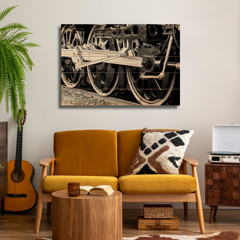 Reproduction d'art murale en bois - train antique par un artiste inconnu, H 18 po x l 26 po