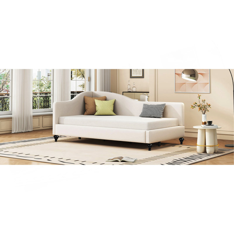 Lit de jour simple en L en forme de L avec pieds en bois massif, Beige, Twin
