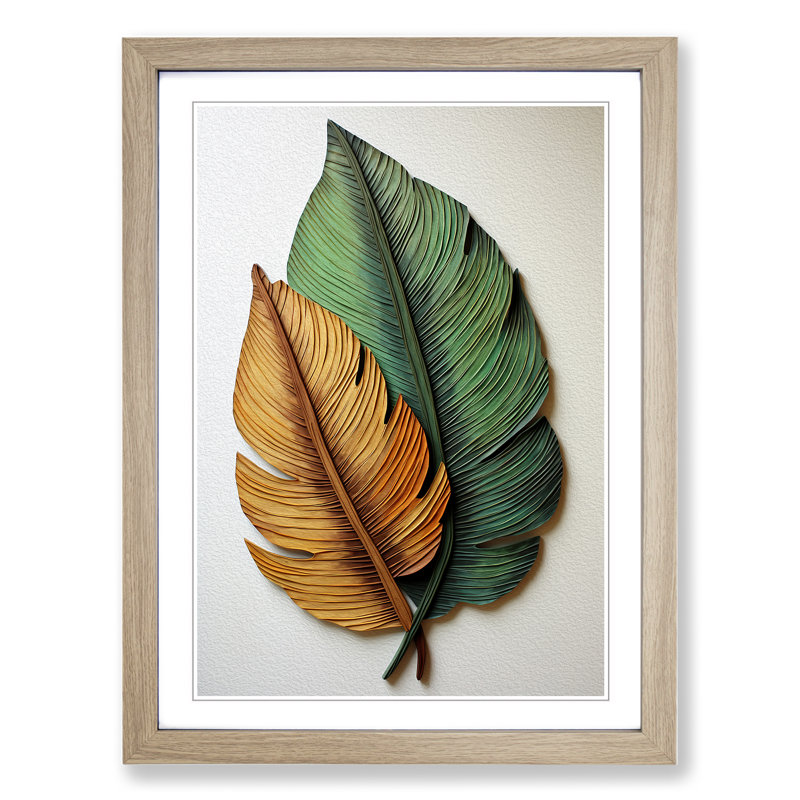 Palm Leaf Informel - Single Picture Frame Print on Wood, 64cm H x 46cm W x 2cm D, Oak