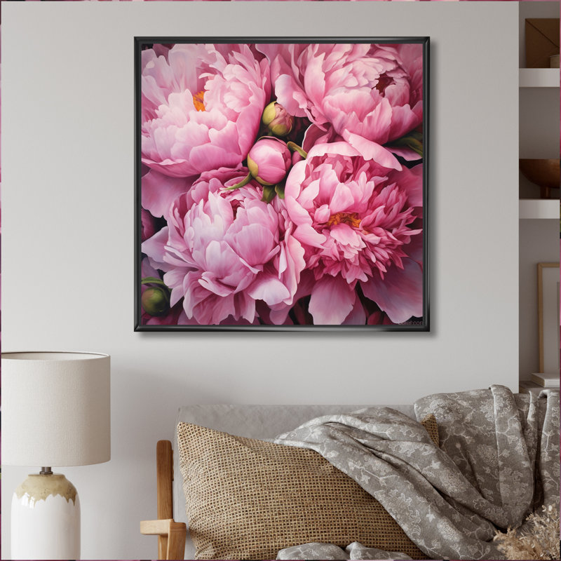 Pivoine rose verte captivante II - art floral sur toile, H 24 po x l 24 po x P 1 po, Cadre flottant noir