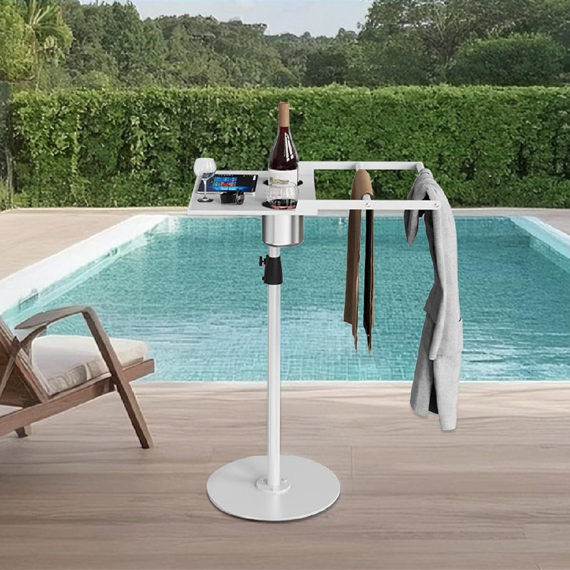Porte-serviettes de piscine 2 en 1 d'extérieur, avec base robuste, hauteur réglable, peu encombrant, blanc