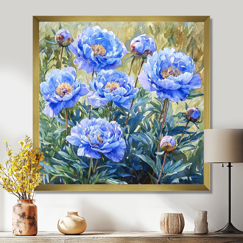 Pivoines bleues et vertes - art mural pivoines, H 16 po x l 16 po, Avec cadre, Doré