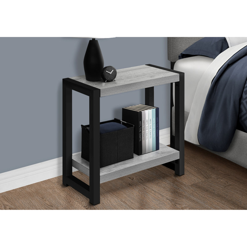 Table d'appoint, côté, bout, étroit, petit, 2 niveaux, stratifié gris, métal noir, contemporain, moderne
