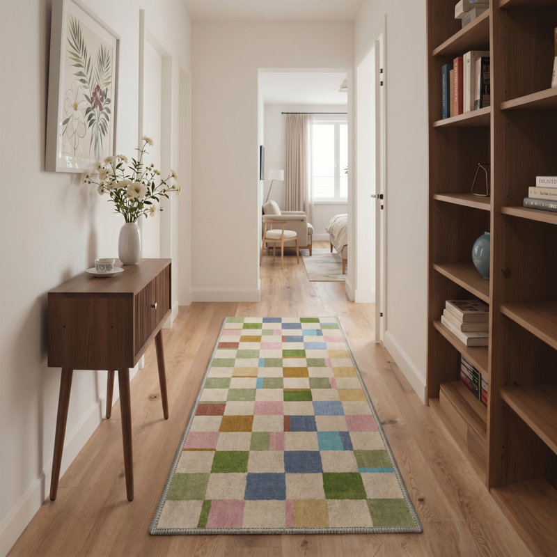 Modern Multicolor Machine Washable Checkered Area Rug Non Slip Carpet in Beige / Blue / Pink, Runner 2' x 7'