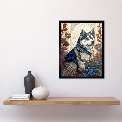 Siberian Husky Dog In Autumn Flower Field Modern Nouveau - Single Picture Frame Print