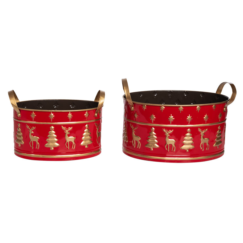 Metal 14.75 in. Red Christmas Nested Buckets with Trees and Reindeer Set of 2