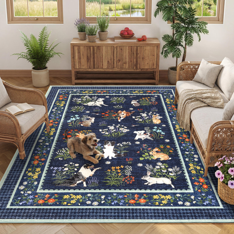 Tapis lavable à la machine Whimsical, Bleu, 5 x 7 pi