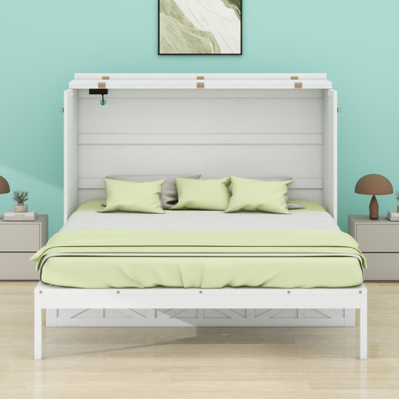Lit escamotable avec grands tiroirs et port USB, Blanc