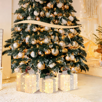 Paquet de 3 boîtes-cadeaux de Noël éclairées avec 60 Leds blanc chaud, boîte-cadeau argentée enfichable avec minuterie, décoration de Noël intérieure et extérieure imperméable pour chemin de porche