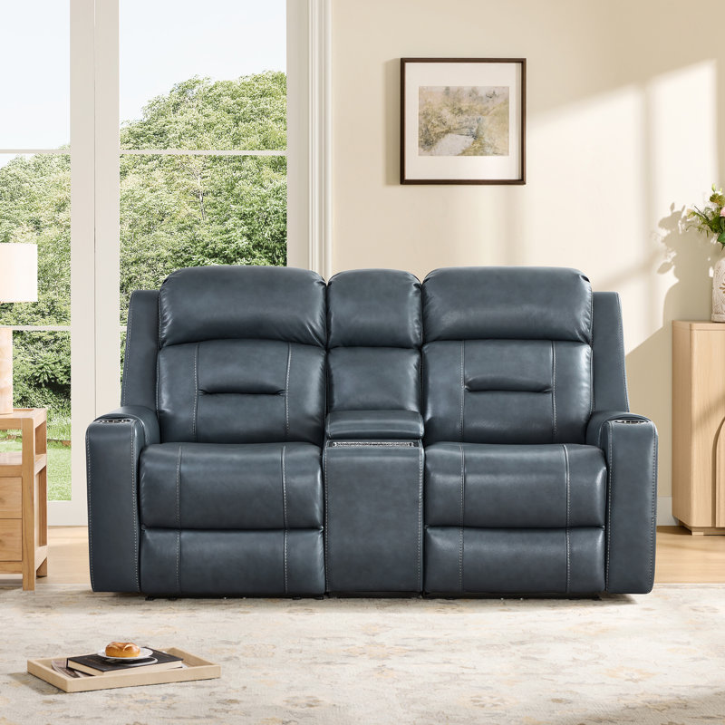 Olathe Genuine Leather Dual Motor Power Reclining Lay Flat Sofa With Power Headrest, Navy