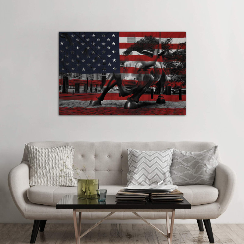 New York - Wall Street Charging Bull, Us Flag - Print on Canvas, No Frame, 66.04 cm H x 45.72 cm W x 3.175 cm D