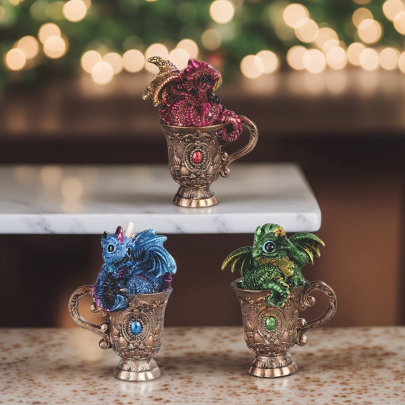 3-PC Set 4"H Dragon on Cup Fugurine