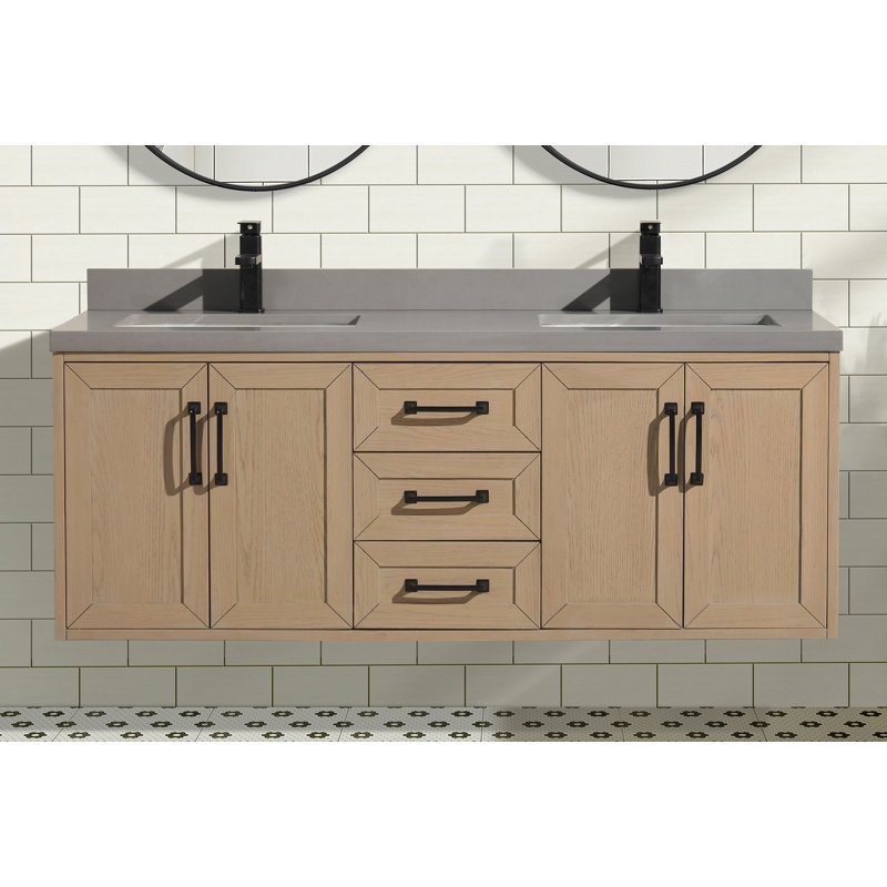 Venice 55" Oak Gray Double Sink Wall-Mount Vanity with Quartz Top
