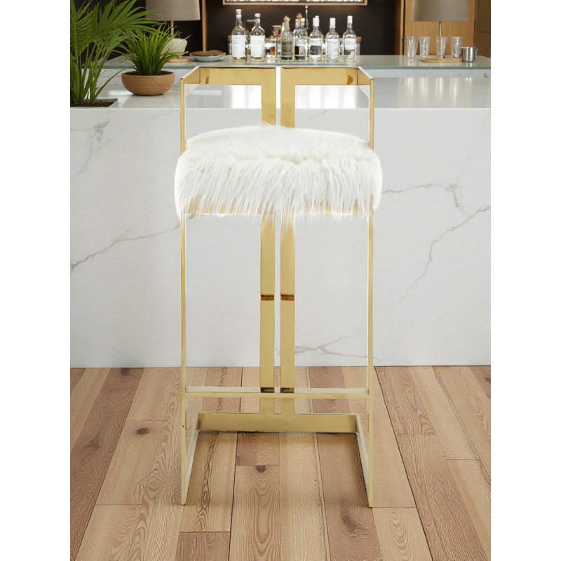 Tabouret de bar Kangé Pangea Home, Tabouret de bar (siège d'une hauteur de 29,5 po), Fausse fourrure blanche, Doré
