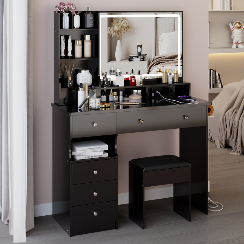 Ensemble de meuble-lavabo de 41 po avec commode gauche et tabouret rembourré, Noir