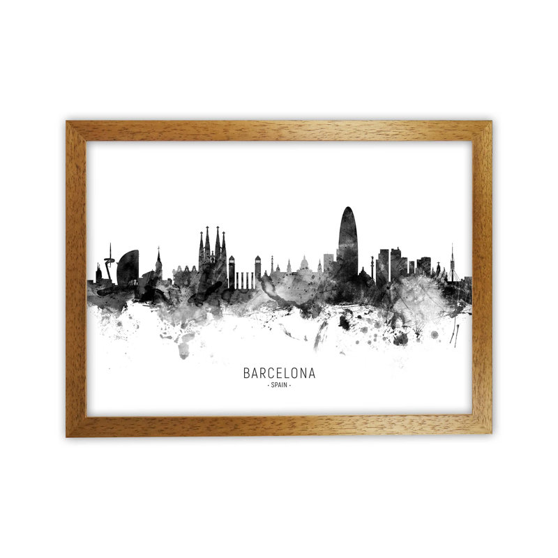 Barcelona Spain Skyline Black White City Name by Michael Tompsett - Print, 64cm H x 88cm W x 3cm D, Brown Framed