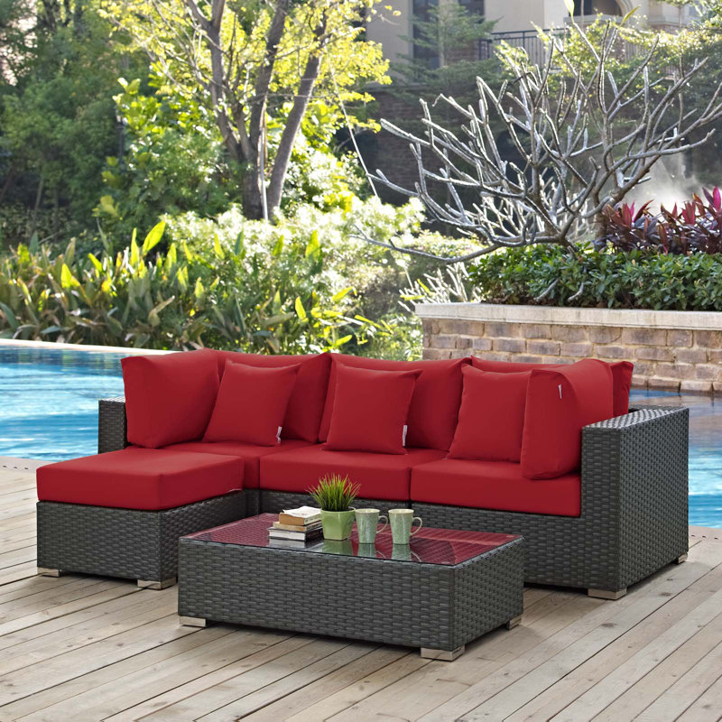Ensemble modulaire d'extérieur Modway Sojour Wicker Ratta, Toile Sunbrella® rouge Jockey