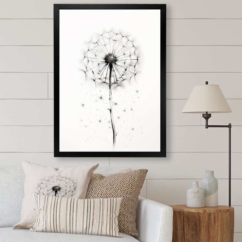 " White Minimalism Dandelion ", 32" H x 24" W x 1" D, Black Single Picture Framed