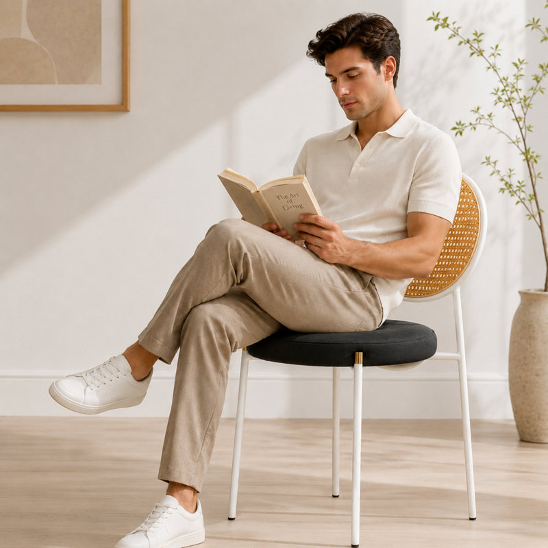 Charlotta Modern Cane Rattan Dining Chair, Boho Wicker Side Chair with Velvet Round Cushion Seat, Mid-Century Accent Seating with White Metal Legs