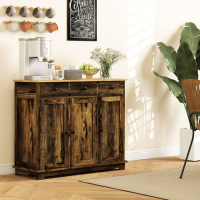 3 Drawers Kitchen Sideboard Cabinet - Rustic Brown Modern Storage With Adjustable Shelves For And