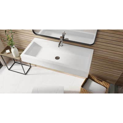 Lavabo de salle de bain mural en résine blanc mat avec trop-plein 39,4 po x 18,8 po Badeloft WT-06-XL-M
