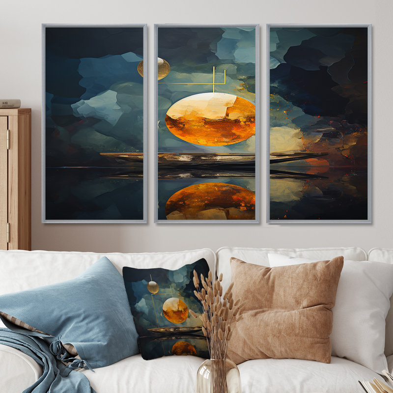 Golden Moon Mystic Night - ensemble d'art mural géométrique, Encadrement argenté, H 28 po x l 36 po x P 1 po