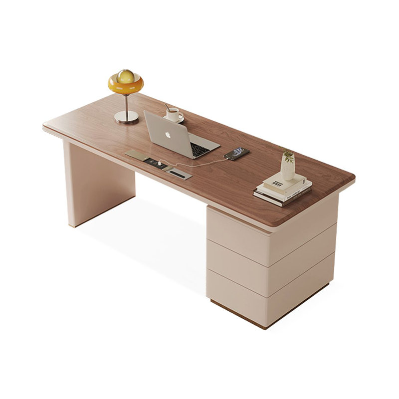 Bureau à 3 tiroirs brun noyer + blanc massif + bois manufacturé, Retour à gauche, H 29,53 po x l 70,87 po x P 27,56 po