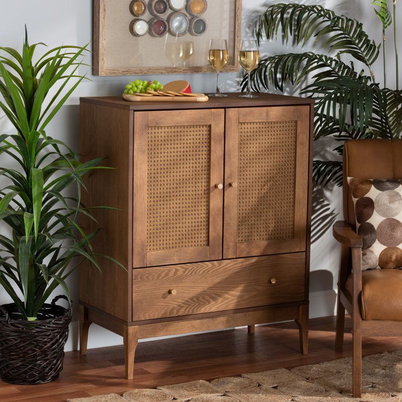 Bianaca Ramiel Mid-Century Modern Ash Wood and Rattan 1-Drawer Sideboard