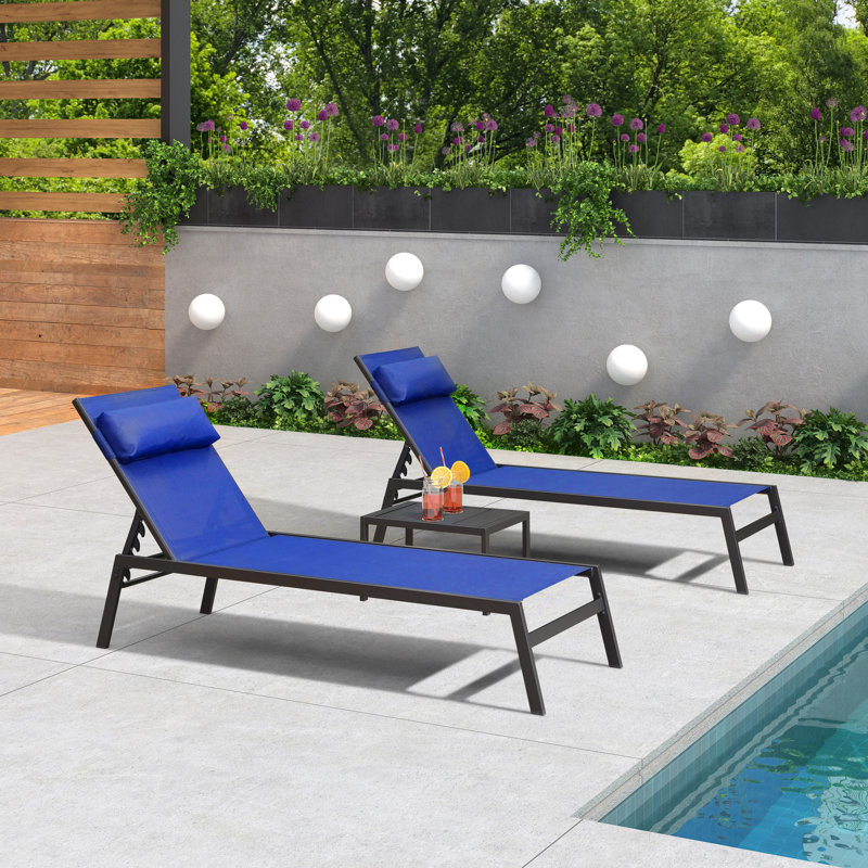 168cm Long Reclining Chaise Lounge Set, Navy Blue