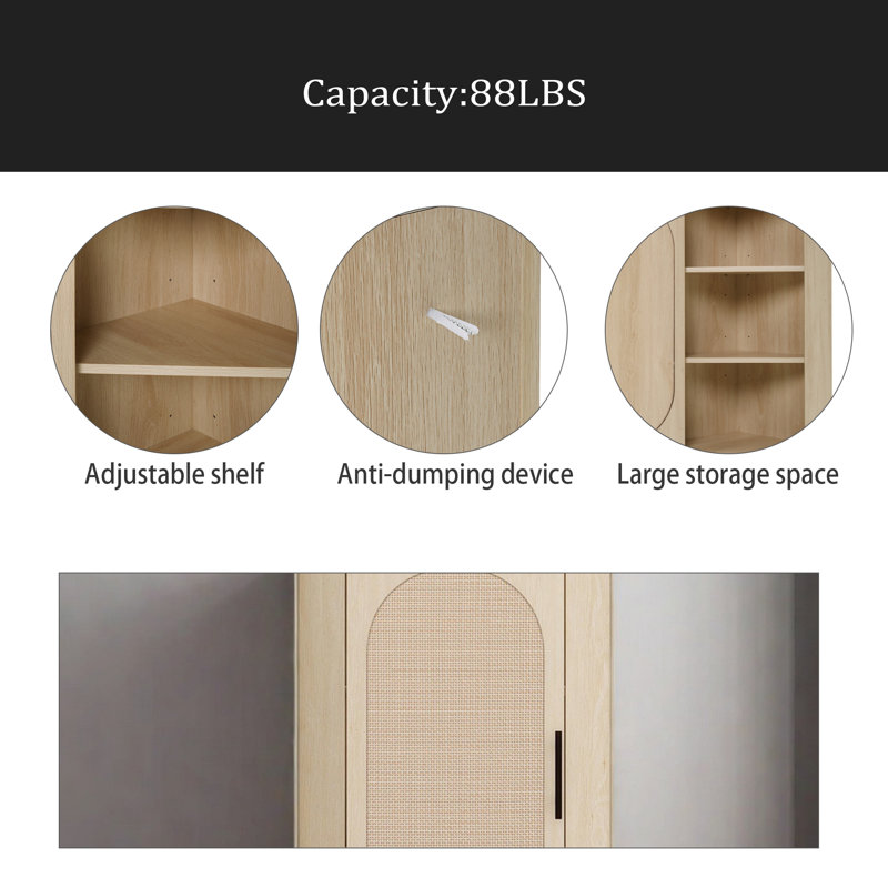 Corner Cabinet ,Rattan Door,Freestanding Corner Tables For Small Spaces, Corner Shelf Stand For Living Room, Kitchen, Bathroom, Bedroom
