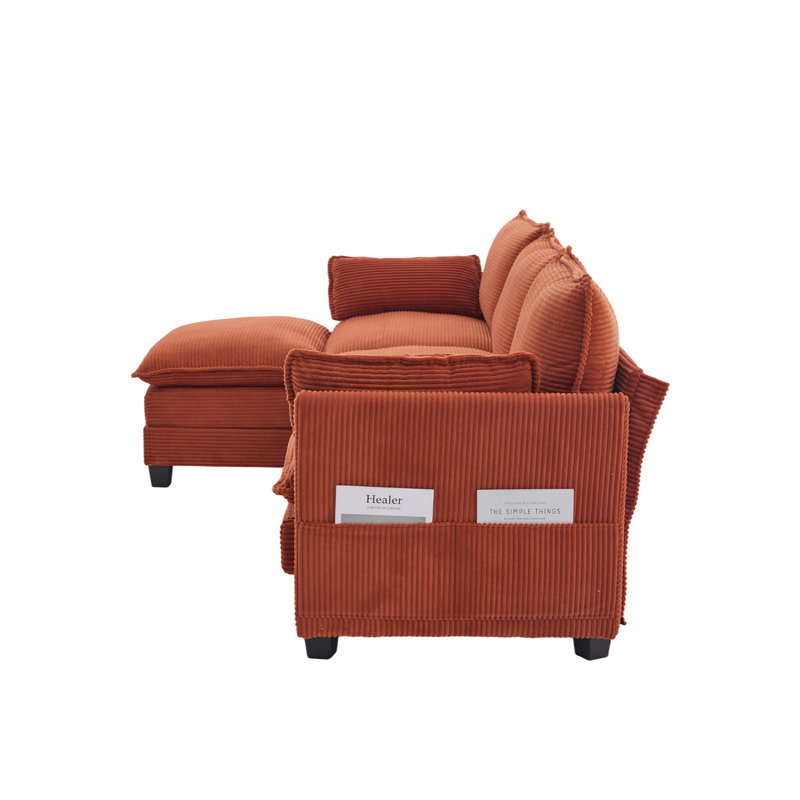 Canapé modulaire à méridienne pièce, Velours côtelé orange