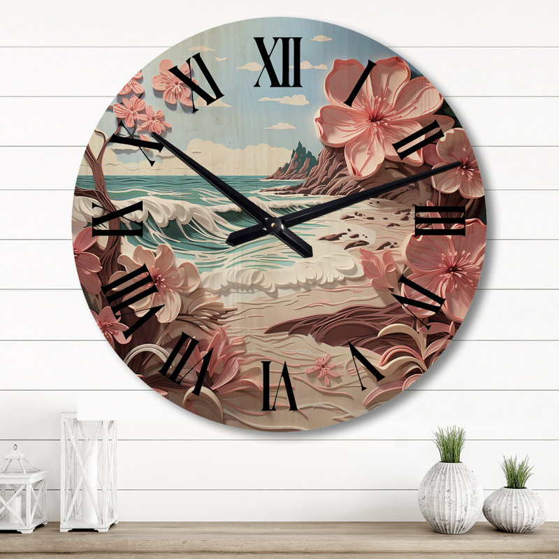 Horloge murale rose sur fond rose avec papercut II, Grand