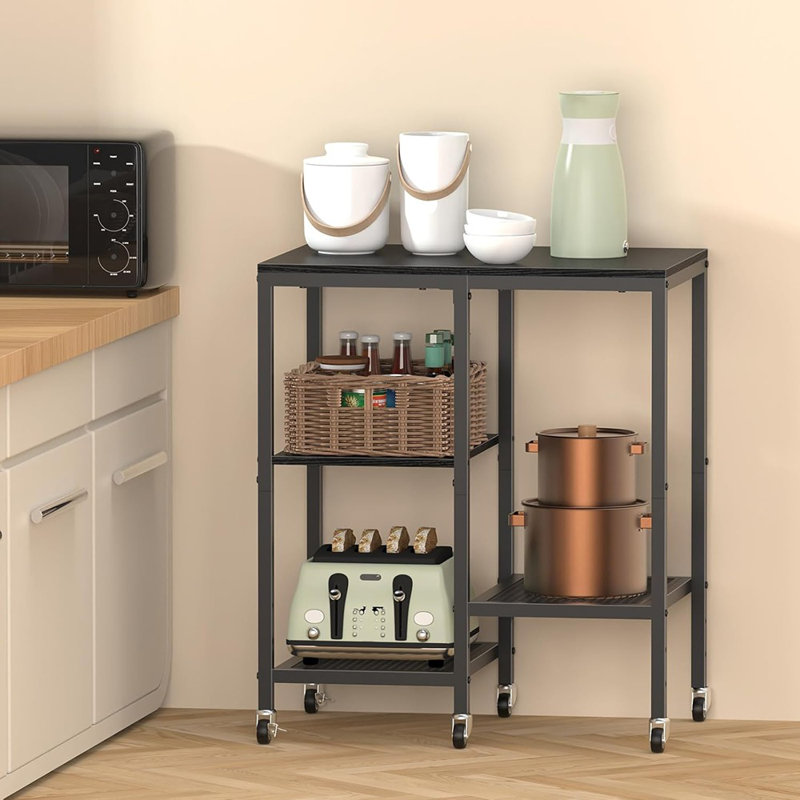 Chariot à micro-ondes avec roulettes, support de rangement à roulettes pour la cuisine à 4 niveaux, station de café et petit support pour appareils électroménagers, tablette de rangement utilitaire pour la cuisine et le salon (noir)