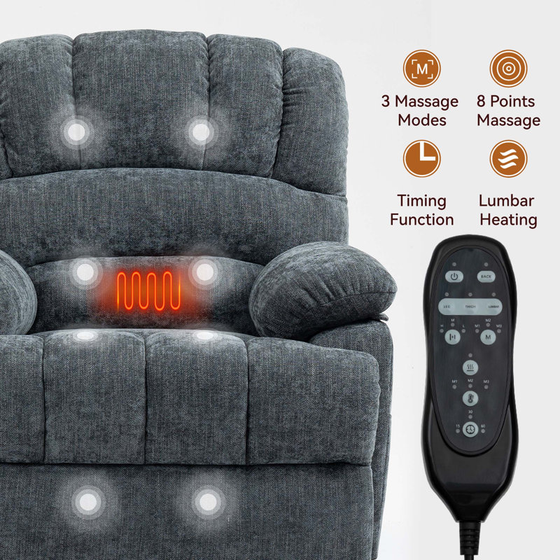 High Back Large Size Chenille Power Lift Recliner Chair with 8-Point Vibration Massage and Lumbar Heating, Blue/Gray